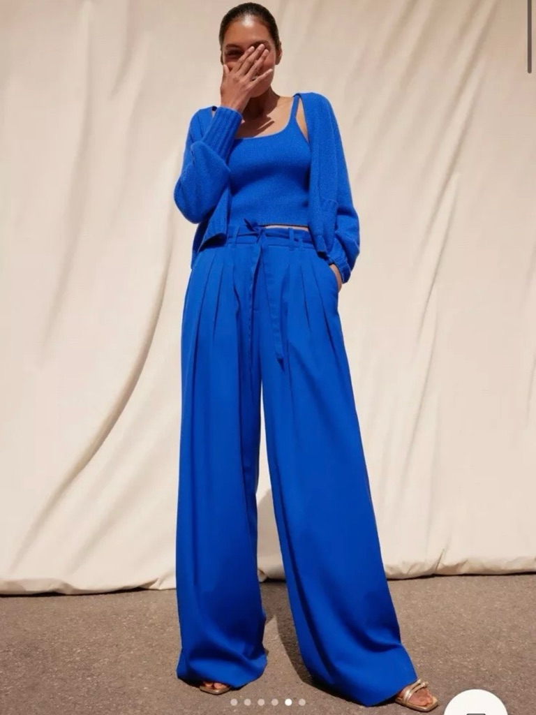 Me+Em 2 Wide-Leg Trouser Pant + Belt Italian Blend Tie Waist Cobalt Blue Euc